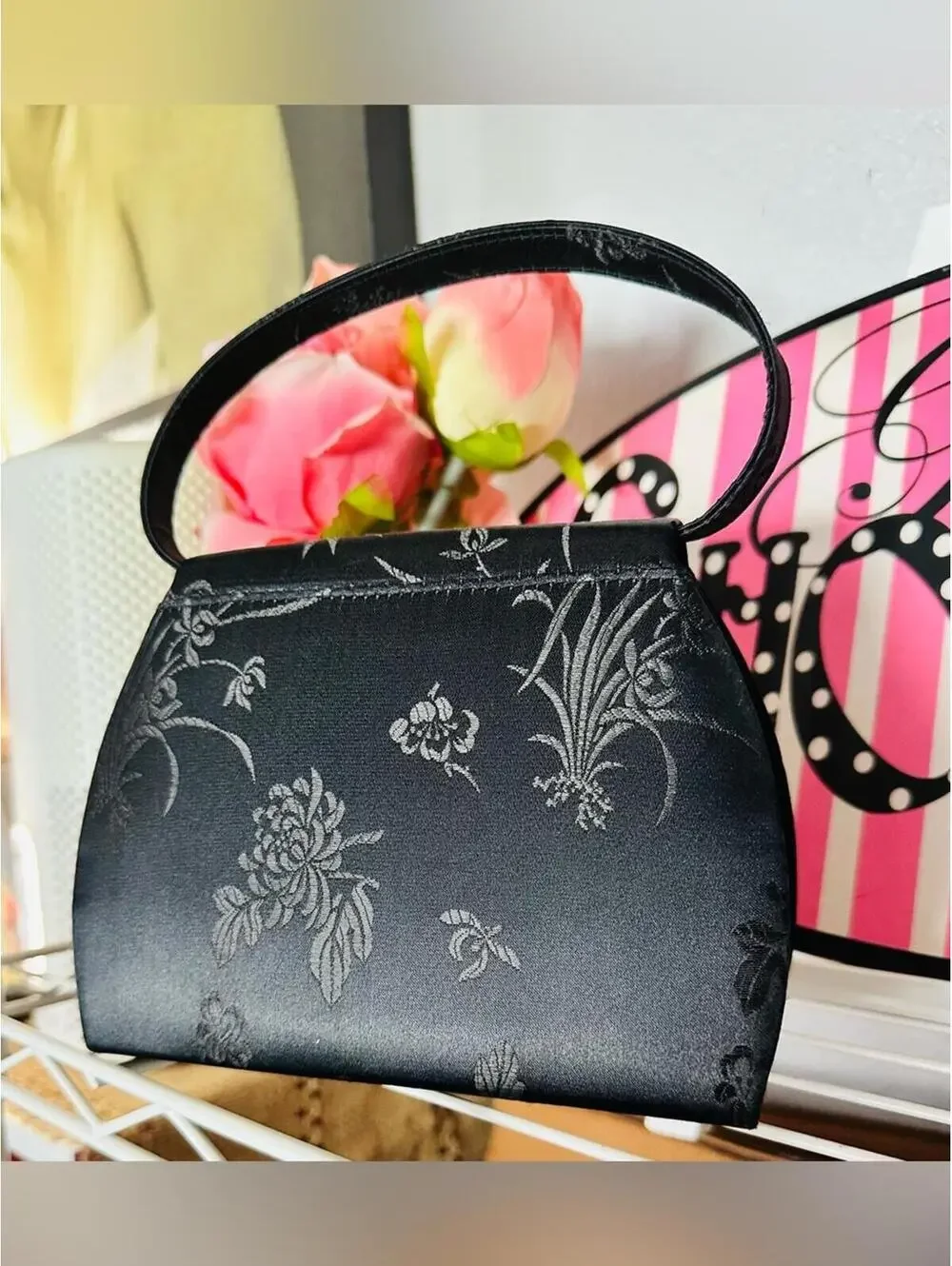 Vintage Y2K Satin Jacquard Floral Print Evening Bag